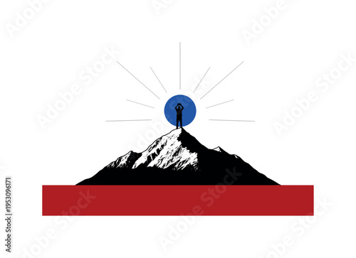 Black and white mountain summit scene with photographer raising camera triumphantly, intense cobalt blue circle centered at peak height, deep red rectangular