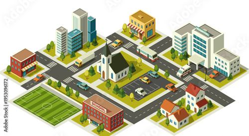 Isometric map of small town. Top view of city landscape with hospital, school, church, business center, shops and residential buildings. Cartoon 3D vector illustration isolated on background