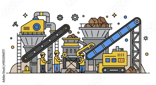 Industrial mining and crushing plant with workers.