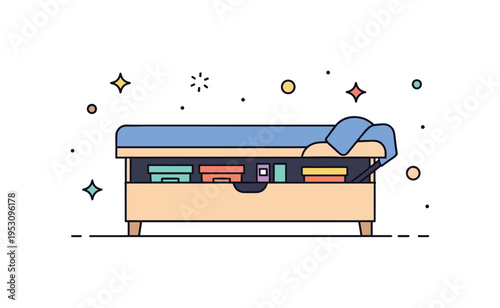 Multi purpose storage bench simple bench silhouette with hidden compartment slightly open revealing neatly stored items inside. A compact illustration about