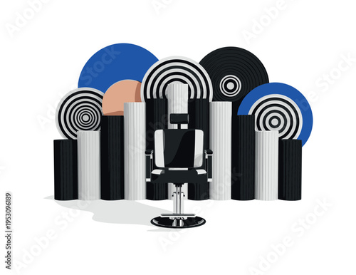 Black and white beauty chair centered symmetrically, cylindrical columns and concentric circles forming a refined backdrop, bright cobalt blue and muted peach