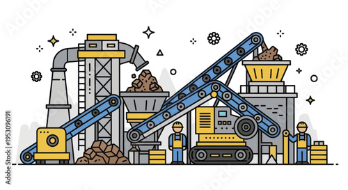 Industrial mining and processing plant with heavy machinery and workers.