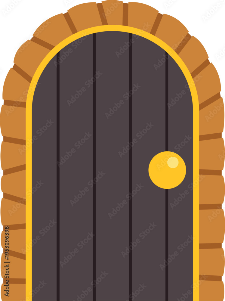 Fototapeta premium Arched wooden door with a round golden knob and stone brick frame