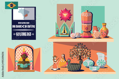Brazilian folk art from southeastern Brazil. This vector set includes famous works of art such as objects made from clay, gourd, straw, and soapstone.