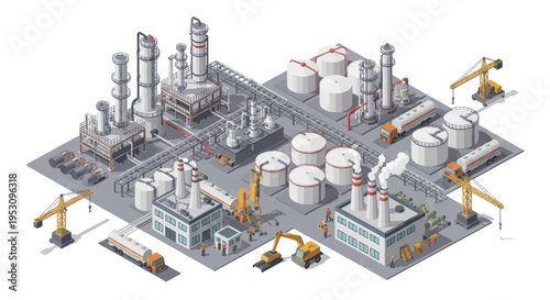 Industrial Oil Refinery Complex with Storage Tanks and Cranes.
