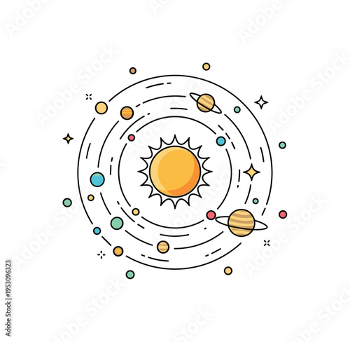 Solar System overview centered on a bright sun with small orbiting planets arranged in a clean circular path, expressing cosmic harmony and basic astronomy
