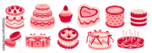 Coquette pink cakes and pastries. Cute girly stickers with pink desserts, cupcakes, pie and macaroons for Valentine Day. Love and Romance. Flat vector illustration collection isolated on background