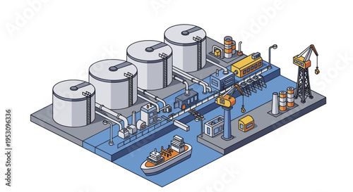 Industrial Oil Refinery Complex with Storage Tanks and Ship.