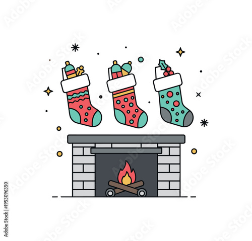 Three stockings with playful patterns hanging over a glowing fireplace, illustrating anticipation, family tradition, and holiday joy. Minimalist flat vector