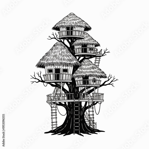Whimsical Treehouse Village with Thatched Roofs and Ladders, Hand-Drawn Illustration on White Background