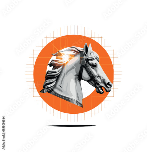 Monochrome carousel horse head cropped dramatically, integrated into an orange circular frame and fine linear grid structure symbolizing spectacle