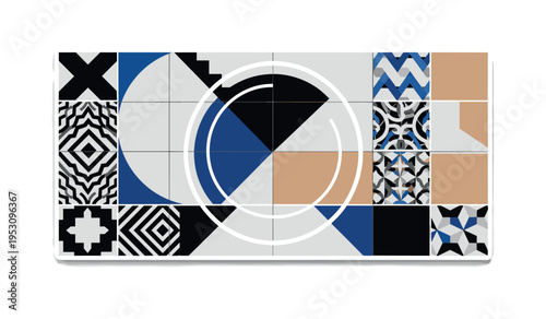 A monochrome backsplash tile sample board with multiple patterns displayed, bold circular halo and intersecting geometric shapes unifying the layout, thin grid
