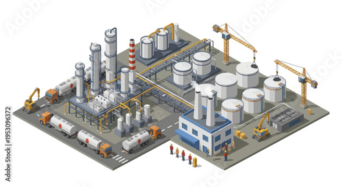 Industrial Oil Refinery Complex with Storage Tanks and Cranes.