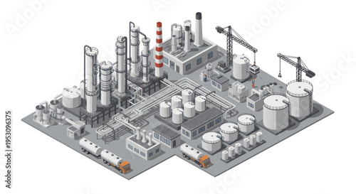 Industrial Oil Refinery Complex with Storage Tanks and Towers.