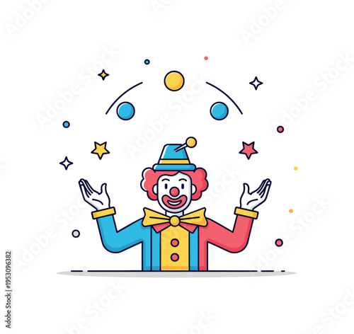 Circus performer moment smiling clown juggling three simple balls forming a smooth arc above, conveying energy and playful skill. A dynamic concept