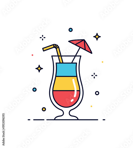 Tropical cocktail drink illustrated by a tall glass with layered colors and a small umbrella accent, symbolizing vacation mood and seasonal refreshment themes.