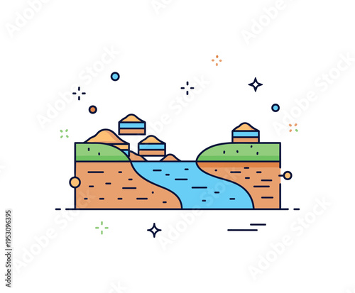 Sediment deposition concept built around a river channel with small layered sand shapes accumulating at the mouth, symbolizing land building and erosion