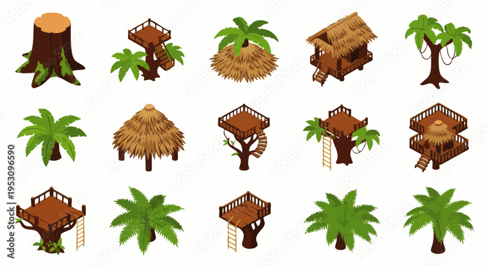 Obraz premium Collection of isometric tribal huts, palm trees, and tree stumps in a jungle setting, perfect for game assets or illustrations.