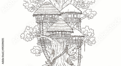 Whimsical illustration of a cluster of thatched roof treehouses nestled within the branches of a large, leafy tree, hand-drawn sketch style