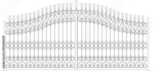 Technical architectural elevation drawing showing ornate double gate with elaborate scrollwork, arched top with spear finials and multiple decorative horizontal bands.