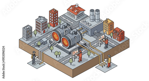 Industrial Power Plant with Turbines and Buildings.