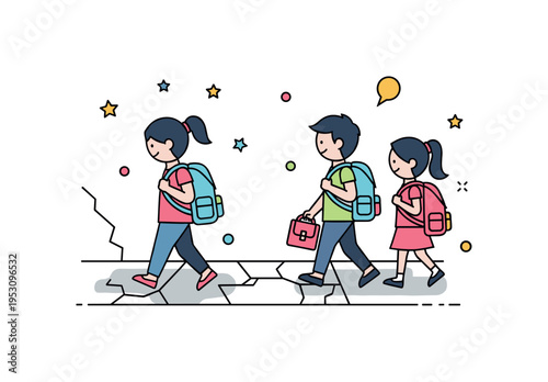 Children carrying backpacks and walking through cracked pavements, highlighting education and aspiration amid difficult urban conditions. Minimalist flat
