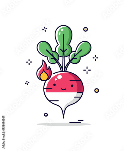 Spicy flavor concept stylized radish with small flame accent near the leaf, symbolizing its peppery taste. A playful compact illustration about bold natural