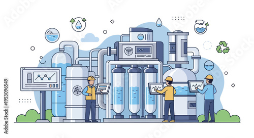 Industrial Water Purification Plant with Technicians Monitoring Process.