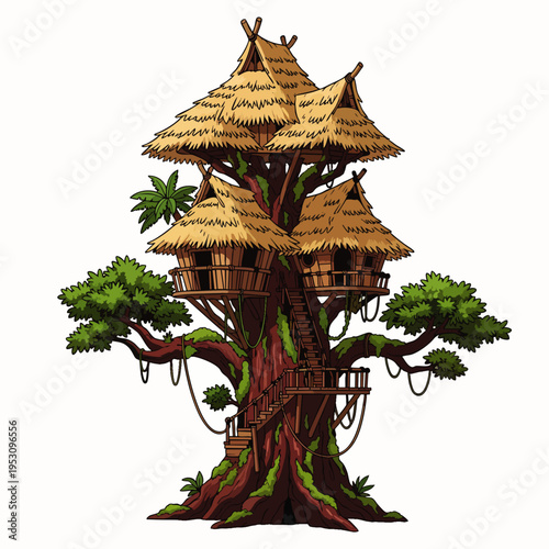 Whimsical multi-level treehouse with thatched roofs and wooden stairs, nestled in a lush green tree with vines.