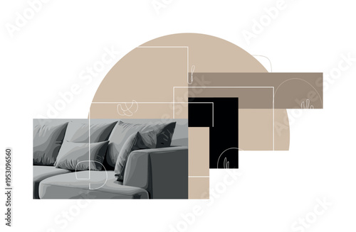 Close-up monochrome corner of a plush sectional sofa with visible cushions and folds, layered with a large beige semicircle and intersecting rectangular