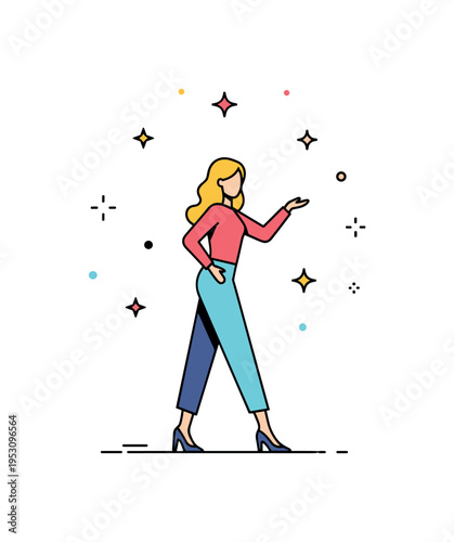Glamorous photo call moment showing a poised figure pausing mid step with multiple tiny flash symbols around, representing media focus and star appeal. The