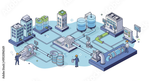 Industrial water treatment plant and distribution system illustration.