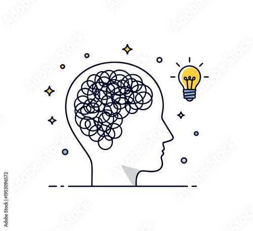 Thought tangle illustrated as a stylized head silhouette filled with looping lines, accompanied by a small light bulb icon representing clarity and insight.