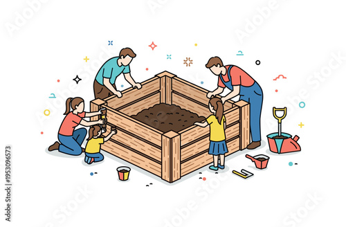 Building raised beds wooden boards forming a tidy square garden box with family silhouettes assembling it together. A compact editorial illustration about DIY