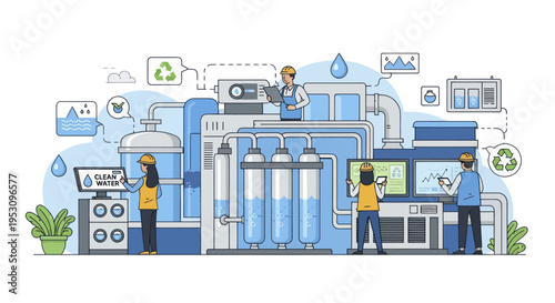 Industrial Water Treatment Plant with Engineers Monitoring Operations.