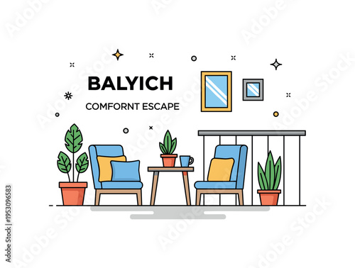 Balcony outdoor living concept featuring a compact seating arrangement with potted plants and railing detail, expressing urban comfort and fresh air escape.