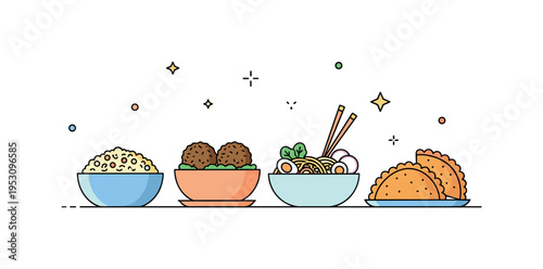 World cuisines represented on a table with small serving bowls of risotto, falafel, ramen, and empanadas, emphasizing cultural flavors and international