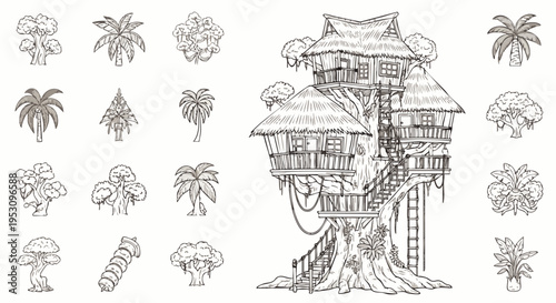 Hand-drawn illustration of a fantasy treehouse with surrounding tropical plants and jungle elements