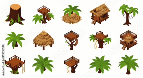 Collection of isometric tribal huts, palm trees, and tree stumps in a jungle setting, perfect for game assets or illustrations.