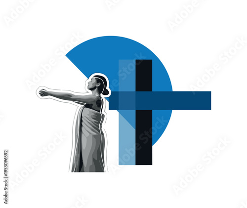 Monochrome side view of a person stretching under soft blankets, intersected by a large blue semicircle and abstract rectangular blocks symbolizing renewal and