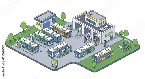 Isometric Bus Station With Multiple Buses and Buildings.