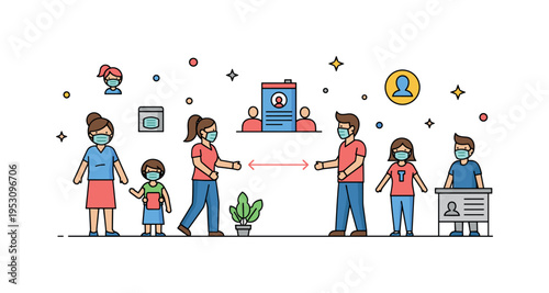 Community members practicing safety measures such as mask-wearing and social distancing in public spaces, reflecting adherence to public health policies and