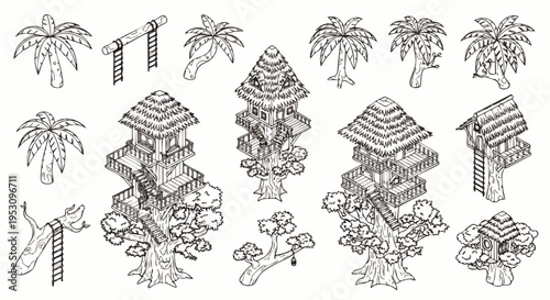 Isometric treehouse and tropical palm tree line art illustration set. Hand-drawn vector elements for game design, fantasy landscapes, or architectural concepts.