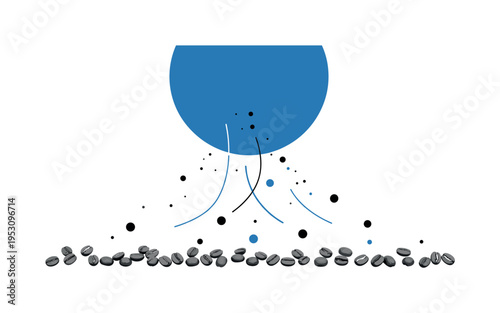 Minimalist composition with small monochrome coffee beans placed at the bottom, oversized blue circular form dominating upper space, abstract dots and linear