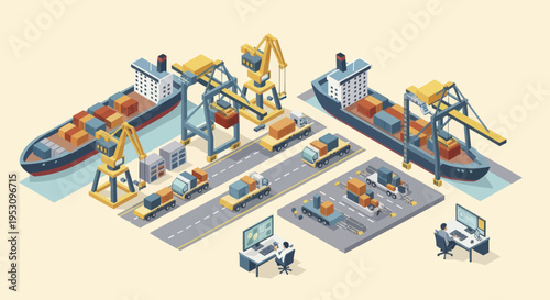 Isometric Cargo Port with Ships, Cranes, and Logistics Operations.