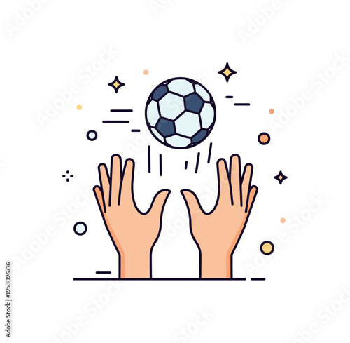 Ball being caught by a pair of hands mid-air with small motion lines, emphasizing action, coordination, and dynamic play. Minimalist flat vector illustration,