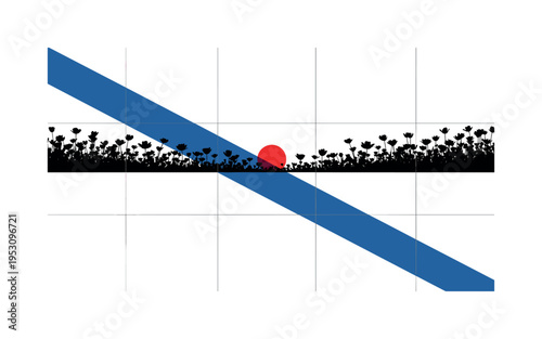 Black and white flower field simplified into rhythmic silhouettes, red circle placed at horizon intersection symbolizing a single highlighted bloom,