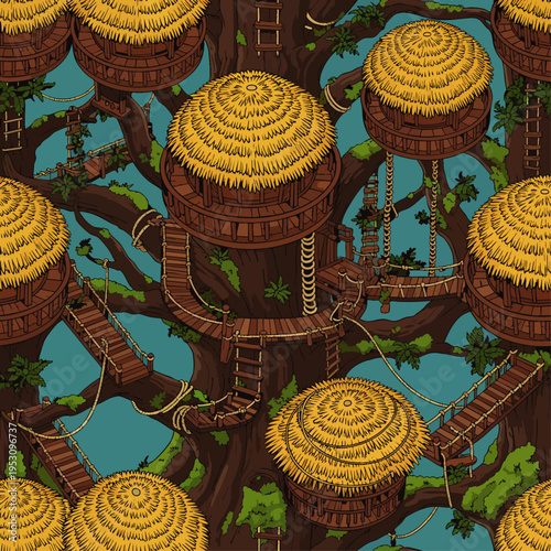 Seamless fantasy treehouse village pattern. Ancient giant tree with multiple wooden huts, thatched roofs, ladders, and bridges, jungle adventure illustration.