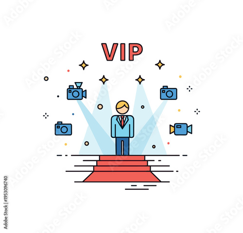 VIP red carpet event featuring a figure framed by subtle spotlight beams and small camera icons around, conveying fame and media attention. The compact badge