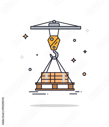 Industrial crane hook suspending a wooden pallet of materials representing logistics and coordinated teamwork. Subtle shadow beneath the load and minimal line